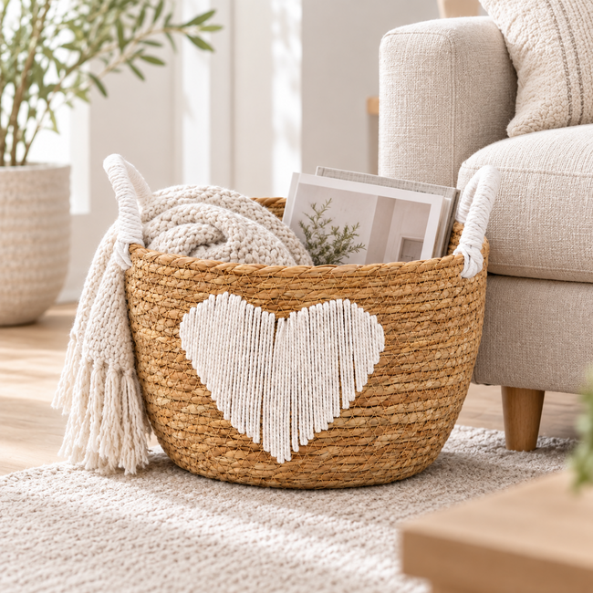 Natural Woven Round Storage Basket – Hand-Woven with White Heart & Tassel Accents – Ideal for Organizing Living Room, Bedroom, or Tabletops – ZENG-092011 Main Image