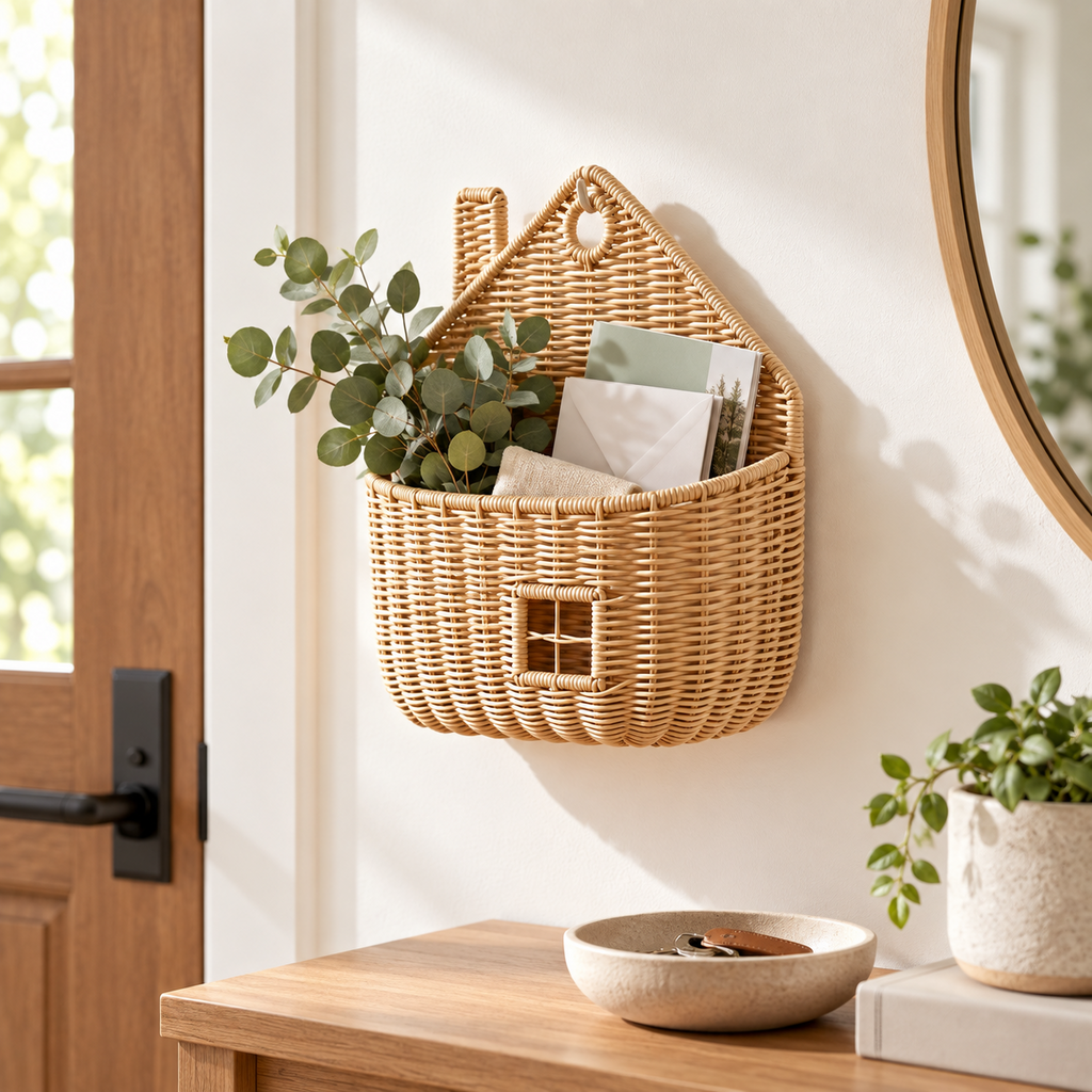 House Shaped Wicker Wall Hanging Basket with Chimney & Window, Handwoven Rattan Fall Decor Basket for Pumpkins, Dried Flowers & Harvest Display -ZENG-092002
