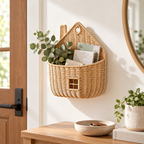 House Shaped Wicker Wall Hanging Basket with Chimney & Window, Handwoven Rattan Fall Decor Basket for Pumpkins, Dried Flowers & Harvest Display -ZENG-092002