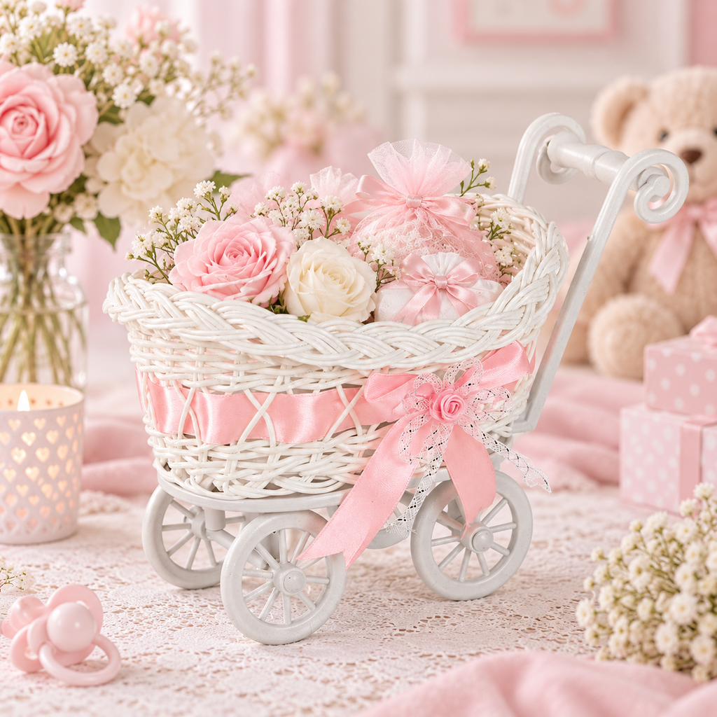 Handwoven White Rattan Baby Stroller Basket Cart with Pink Satin Bow, Elegant Gift Basket Trolley with Wheels and Metal Handle, Multi-Purpose Decorative Storage Trolley for Nursery Baby Shower Newborn Gift -ZENG-091718