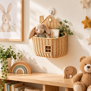 House Shaped Wicker Wall Hanging Basket with Chimney & Window, Handwoven Rattan Fall Decor Basket for Pumpkins, Dried Flowers & Harvest Display -ZENG-092002