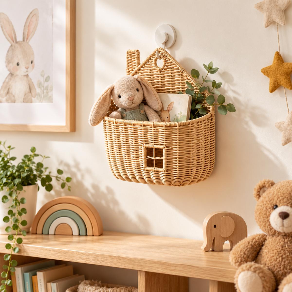 House Shaped Wicker Wall Hanging Basket with Chimney & Window, Handwoven Rattan Fall Decor Basket for Pumpkins, Dried Flowers & Harvest Display -ZENG-092002