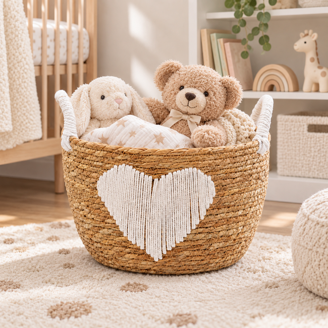 Natural Woven Round Storage Basket – Hand-Woven with White Heart & Tassel Accents – Ideal for Organizing Living Room, Bedroom, or Tabletops – ZENG-092011 Hover Image