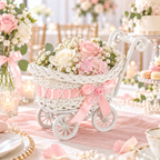 Handwoven White Rattan Baby Stroller Basket Cart with Pink Satin Bow, Elegant Gift Basket Trolley with Wheels and Metal Handle, Multi-Purpose Decorative Storage Trolley for Nursery Baby Shower Newborn Gift -ZENG-091718