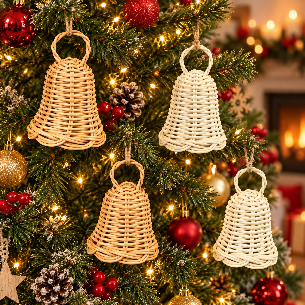 Natural Rattan Christmas Bell Ornament – Handwoven Hanging Holiday Decoration for Tree, Door & Home Decor-cc-091708