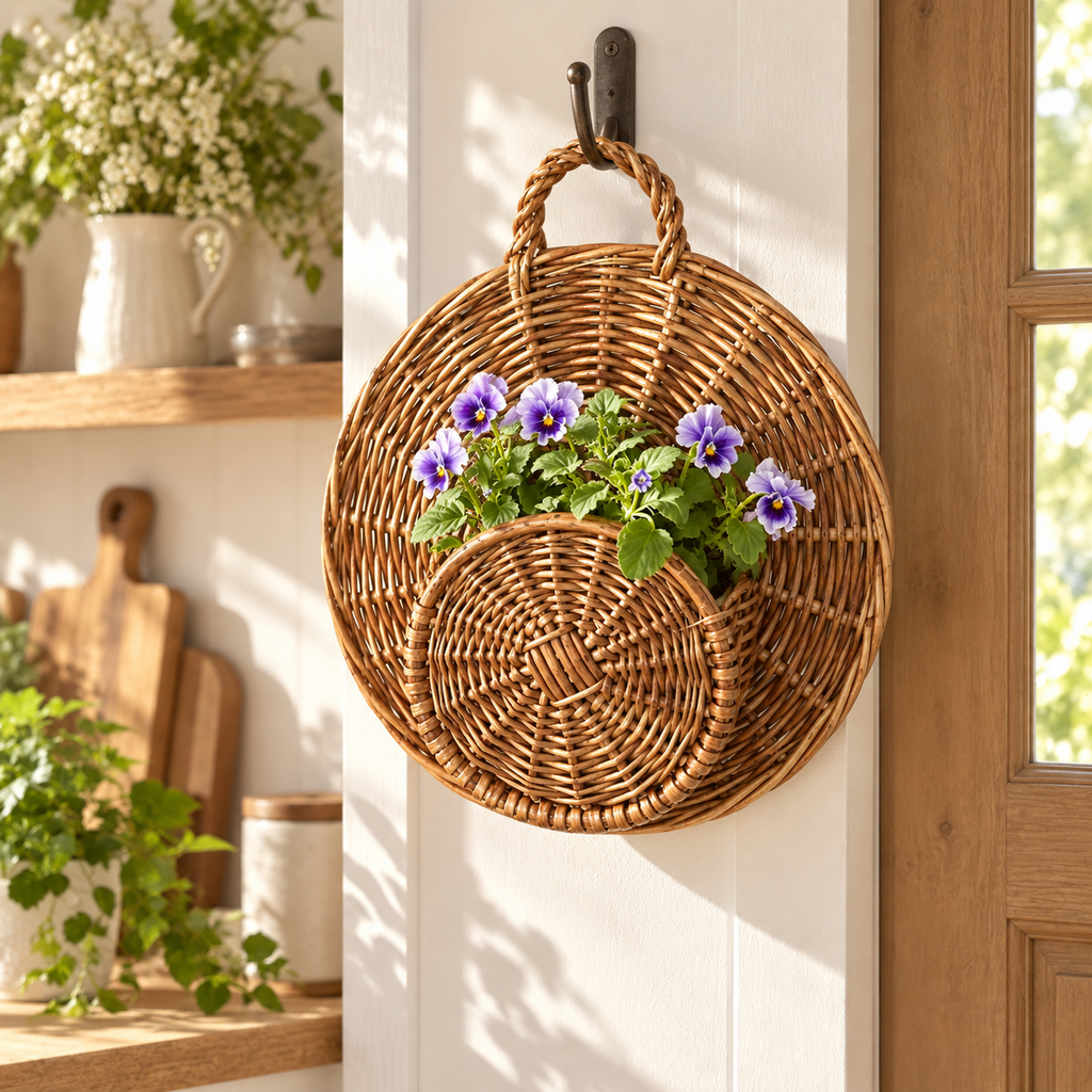 Handwoven Natural Rattan Hanging Plant Basket with Sturdy Hanging Ring, Bohemian Wicker Flower Pot Holder for Indoor Outdoor Garden Balcony Decor, Round Rattan Planter Basket for Potted Plants -ZENG-091719