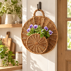 Handwoven Natural Rattan Hanging Plant Basket with Sturdy Hanging Ring, Bohemian Wicker Flower Pot Holder for Indoor Outdoor Garden Balcony Decor, Round Rattan Planter Basket for Potted Plants -ZENG-091719