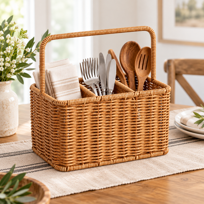 Woven Caddy Organizer with Handle – Divided Storage Basket for Desk, Kitchen & Home-091610-cc Hover Image