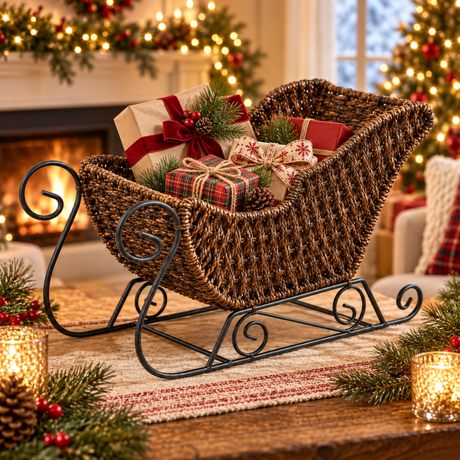 Natural Rattan Christmas Sleigh Basket – Handwoven Holiday Gift & Decorative Storage Basket with Metal Runners-cc-091707 Main Image