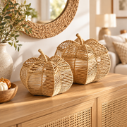 Wicker Pumpkin Shaped Storage Basket with Lid - Handwoven Rattan Fall Decor for Candy, Snacks & Gifts -ZENG-091801