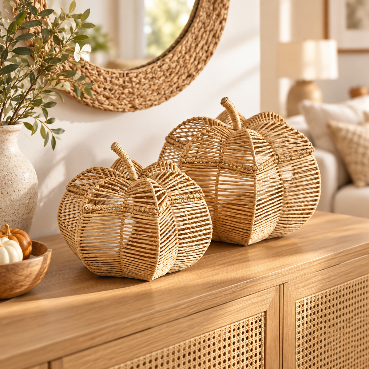 Wicker Pumpkin Shaped Storage Basket with Lid - Handwoven Rattan Fall Decor for Candy, Snacks & Gifts -ZENG-091801