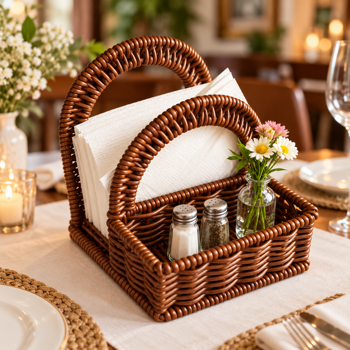 Handwoven Rattan Storage Basket with Double Loop Handles, Natural Wicker Serving Caddy for Dining Table, Farmhouse Kitchen Organizer for Napkins Condiments Glass Bottles and Flowers, Rustic Decorative Centerpiece -ZENG-091721