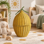 Handwoven Rattan Egg Shaped Storage Basket with Lid-Cute Fruit Shape Organizer for Nursery, Kitchen and Living Room-cc-091807