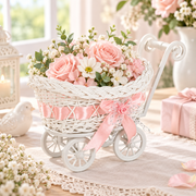 Handwoven White Rattan Baby Stroller Basket Cart with Pink Satin Bow, Elegant Gift Basket Trolley with Wheels and Metal Handle, Multi-Purpose Decorative Storage Trolley for Nursery Baby Shower Newborn Gift -ZENG-091718