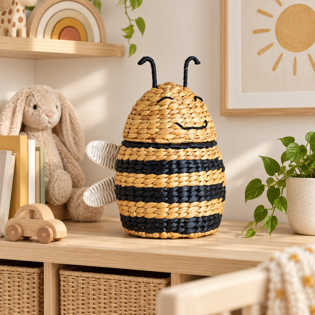 Handwoven Wicker Bee Storage Basket with Lid,Natural Decorative Basket for Nursery, Kids Room and Home Decor-cc-091808