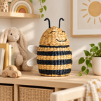 Handwoven Wicker Bee Storage Basket with Lid,Natural Decorative Basket for Nursery, Kids Room and Home Decor-cc-091808