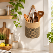 Black & Yellow Woven Hanging Storage Basket with Leather Handle, Handmade Wicker Bathroom Organizer for Towels, Toiletries & Boho Decor -ZENG-091806