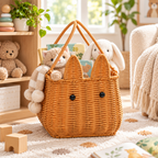 Cat Shaped Woven Basket with Ears & Bead Eyes, Handmade Wicker Serving Basket with Dual Handles for Bread, Fruits & Boho Table Decor -ZENG-091805