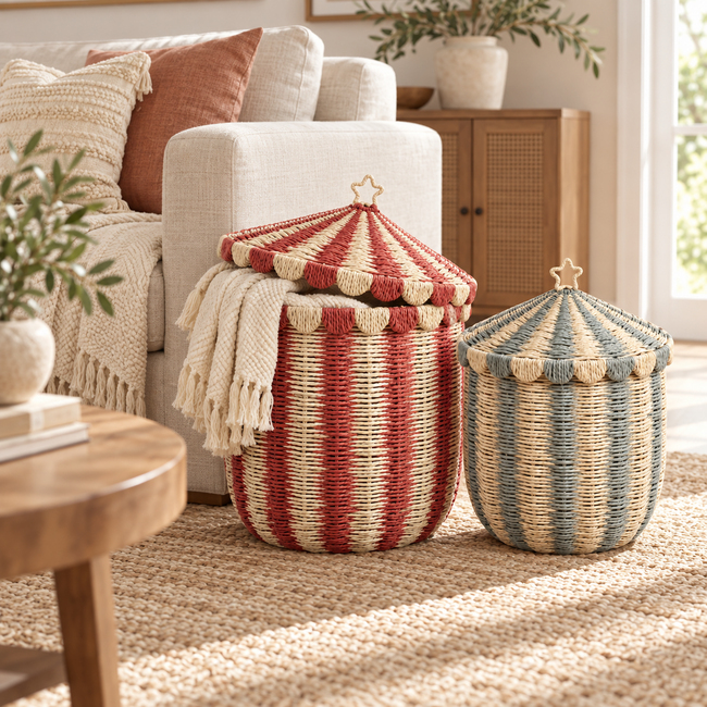 Woven Storage Basket with Lid – Decorative Striped Toy Hamper for Nursery, Bedroom & Living Room-091626-cc Hover Image