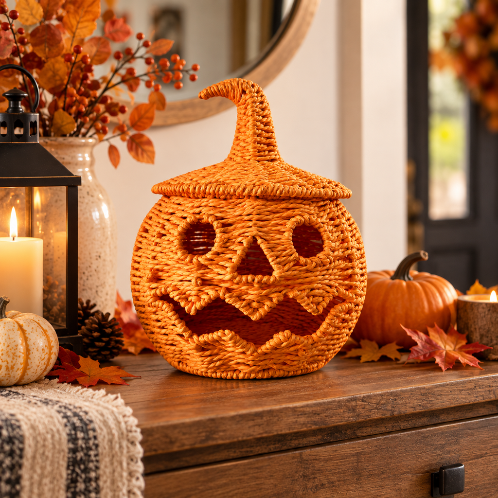 Handwoven Orange Pumpkin Basket with Lid for Halloween, Natural Rattan Woven Storage Basket with Carved Jack-O'-Lantern Face, Candy Bowl and Holiday Decorative Storage Container -cc-091722