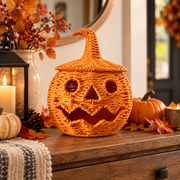Handwoven Orange Pumpkin Basket with Lid for Halloween, Natural Rattan Woven Storage Basket with Carved Jack-O'-Lantern Face, Candy Bowl and Holiday Decorative Storage Container -cc-091722