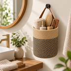 Black & Yellow Woven Hanging Storage Basket with Leather Handle, Handmade Wicker Bathroom Organizer for Towels, Toiletries & Boho Decor -ZENG-091806
