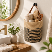 Black & Yellow Woven Hanging Storage Basket with Leather Handle, Handmade Wicker Bathroom Organizer for Towels, Toiletries & Boho Decor -ZENG-091806
