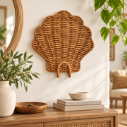 Seashell Shaped Wicker Wall Hook, Handwoven Rattan Coastal Decor Hanger for Hats, Towels & Bags, Beach Style Entryway Decoration -ZENG-091715