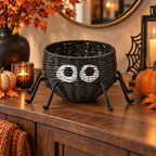 Black Spider Shaped Woven Candy Basket with Big Eyes & Legs, Handmade Halloween Trick-or-Treat Basket for Candy, Fruit & Party Decor -ZENG-091716