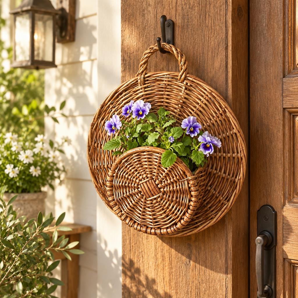 Handwoven Natural Rattan Hanging Plant Basket with Sturdy Hanging Ring, Bohemian Wicker Flower Pot Holder for Indoor Outdoor Garden Balcony Decor, Round Rattan Planter Basket for Potted Plants -ZENG-091719