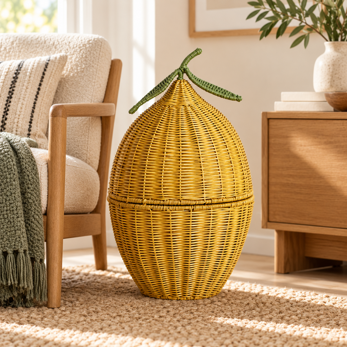 Handwoven Rattan Egg Shaped Storage Basket with Lid-Cute Fruit Shape Organizer for Nursery, Kitchen and Living Room-cc-091807