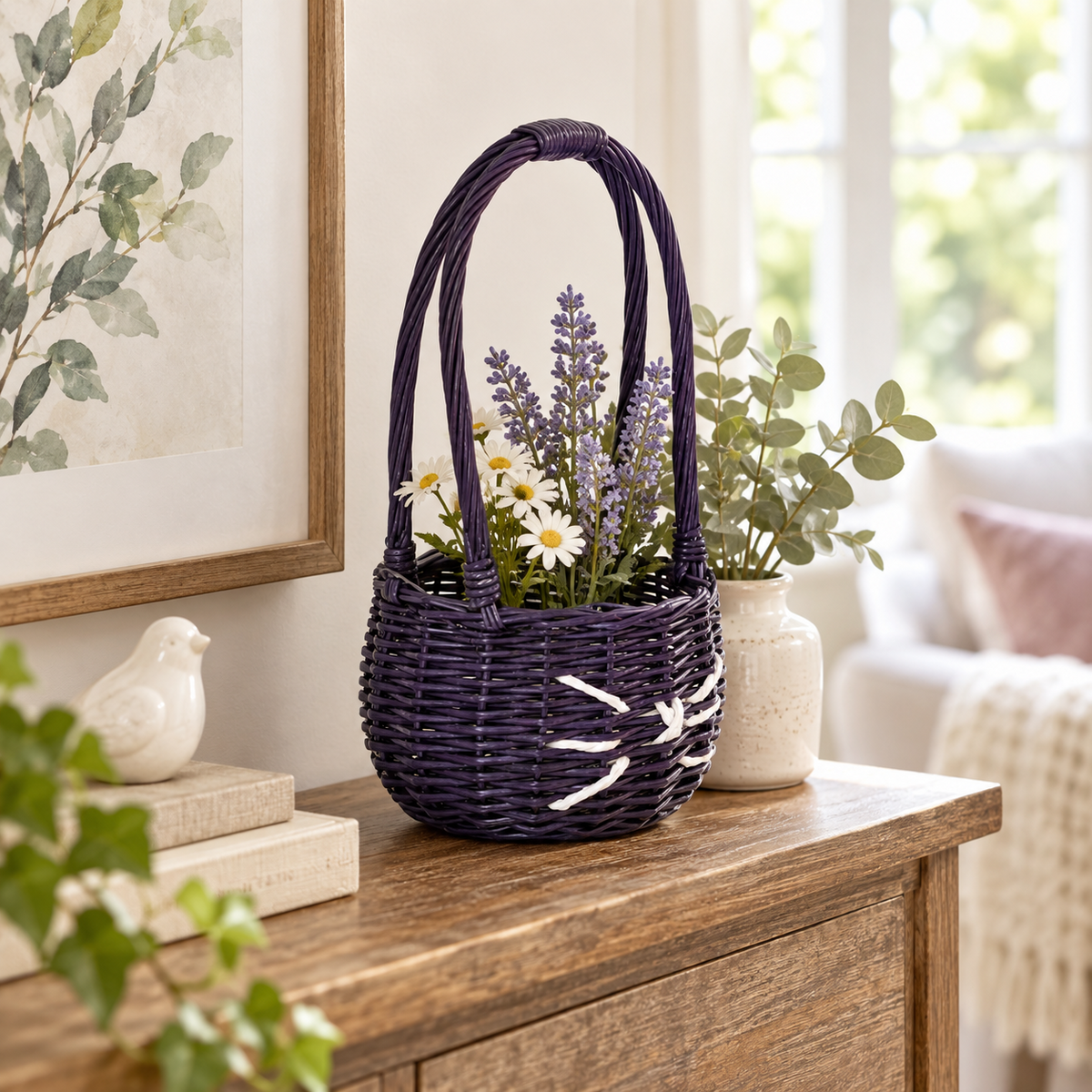Black Rattan Woven Handled Basket with White Fishbone Stitching, Vintage Picnic and Gift Hamper, Farmhouse Storage Tote -ZENG-091720