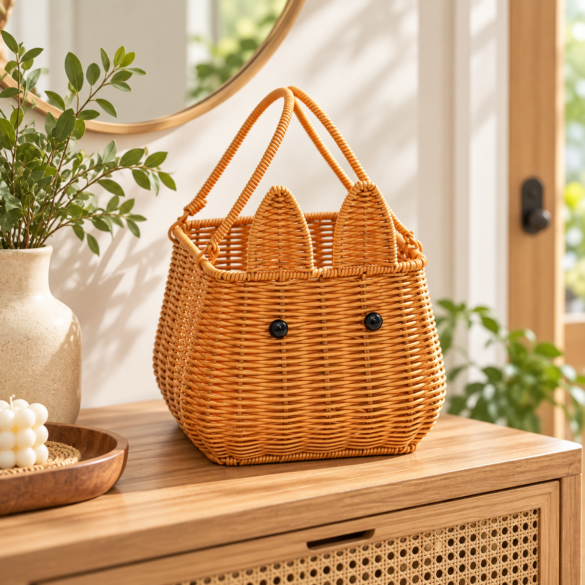 Cat Shaped Woven Basket with Ears & Bead Eyes, Handmade Wicker Serving Basket with Dual Handles for Bread, Fruits & Boho Table Decor -ZENG-091805