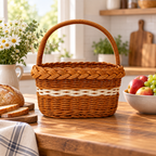 Brown Rattan Oval Woven Picnic Basket with Handles and White Trim, Classic Outdoor Tote for Camping, Shopping and Display -ZENG-091722