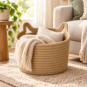 Handwoven Cat-Ear Shaped Storage Basket - Natural Straw Woven Toy Basket with Side Holes for Kids' Toys, Laundry and Home Organization -ZENG-091804