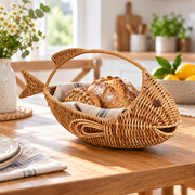 Fish Shaped Wicker Fruit Basket with Arched Handle, Handwoven Rattan Storage Basket for Lemons, Limes & Kitchen Counter Decor -ZENG-091717