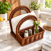 Handwoven Rattan Storage Basket with Double Loop Handles, Natural Wicker Serving Caddy for Dining Table, Farmhouse Kitchen Organizer for Napkins Condiments Glass Bottles and Flowers, Rustic Decorative Centerpiece -ZENG-091721