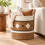 Cylinder Straw Woven Basket with Rope Handles, Handmade Seagrass Storage Basket with White Pattern & Black Diamond Accents for Home -ZENG-091711