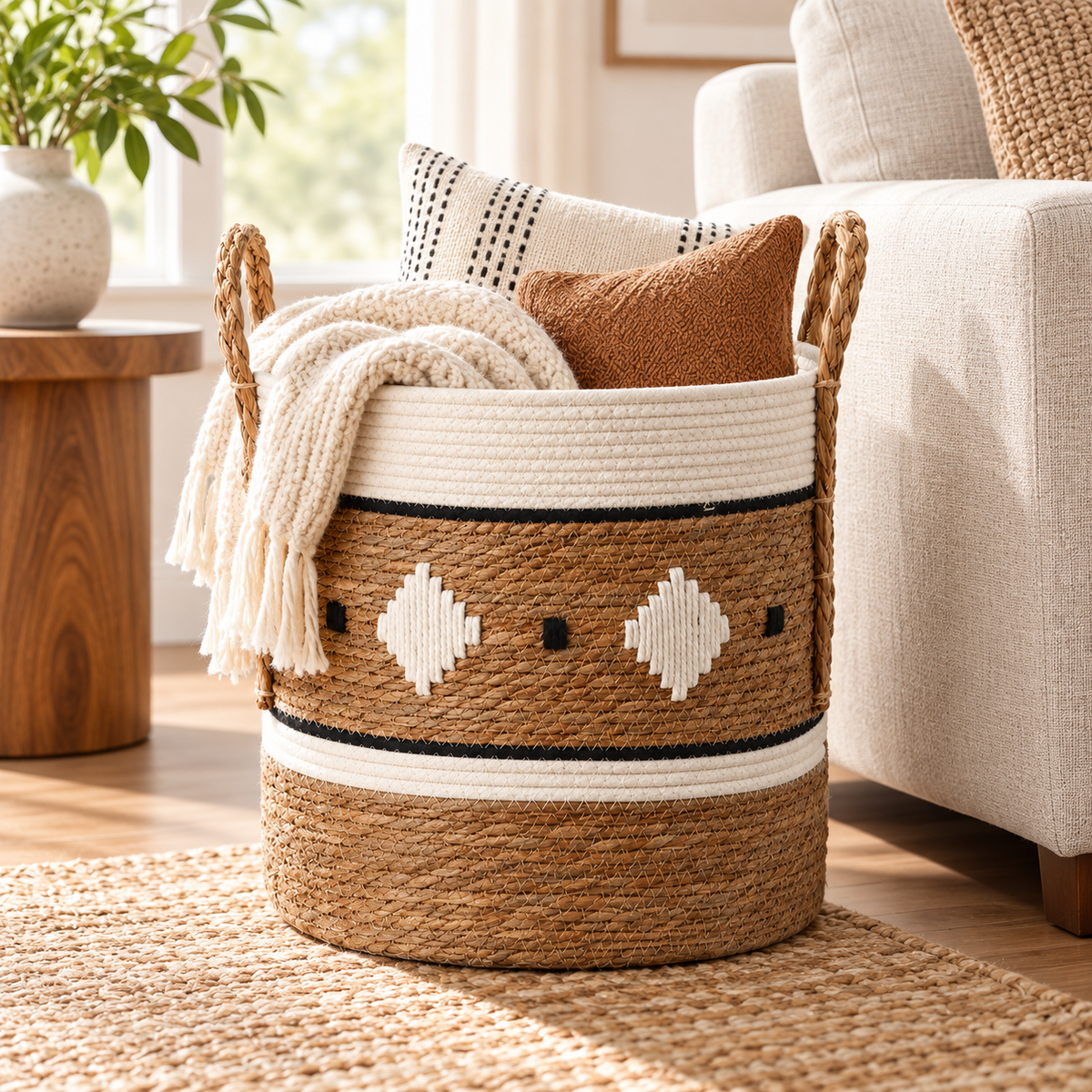 Cylinder Straw Woven Basket with Rope Handles, Handmade Seagrass Storage Basket with White Pattern & Black Diamond Accents for Home -ZENG-091711