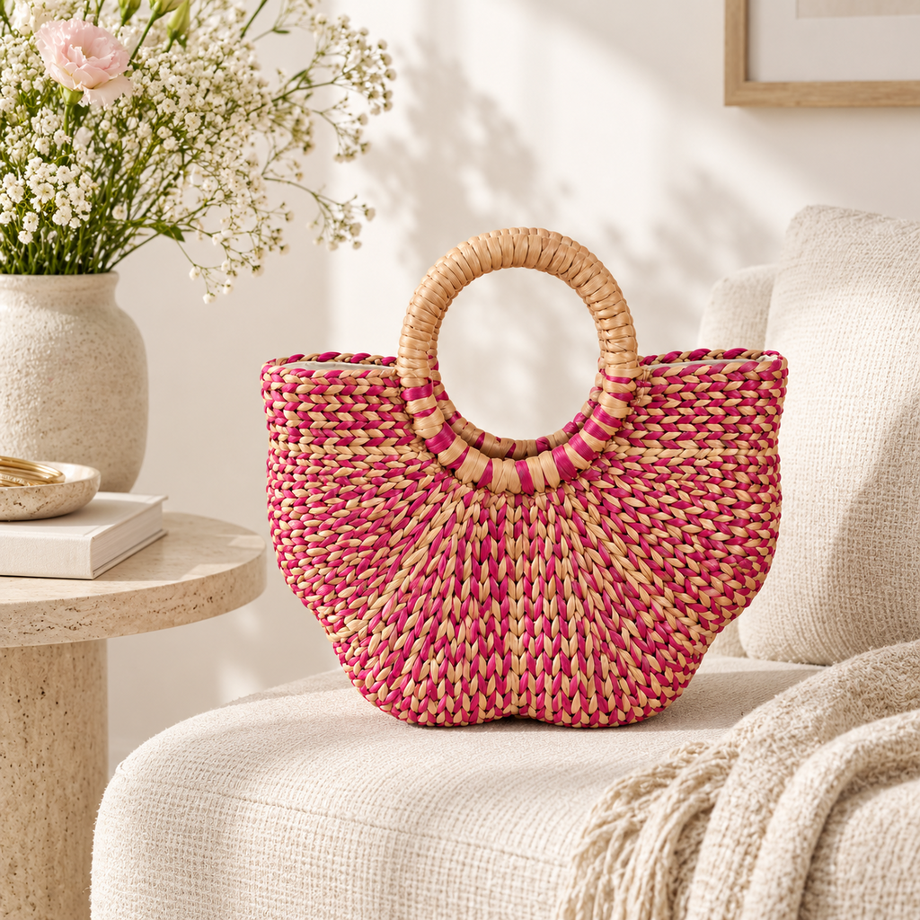 Handwoven Water Hyacinth Tote Bag for Women – Pink Natural Woven Handbag with Round Handles for Beach, Travel & Summer Outfits-cc-091710