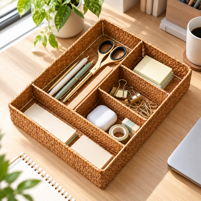 Handwoven Compartment Storage Organizer Tray – Rectangular Woven Drawer Organizer for Kitchen, Desk, Bathroom & Vanity-cc-091609 Main Image