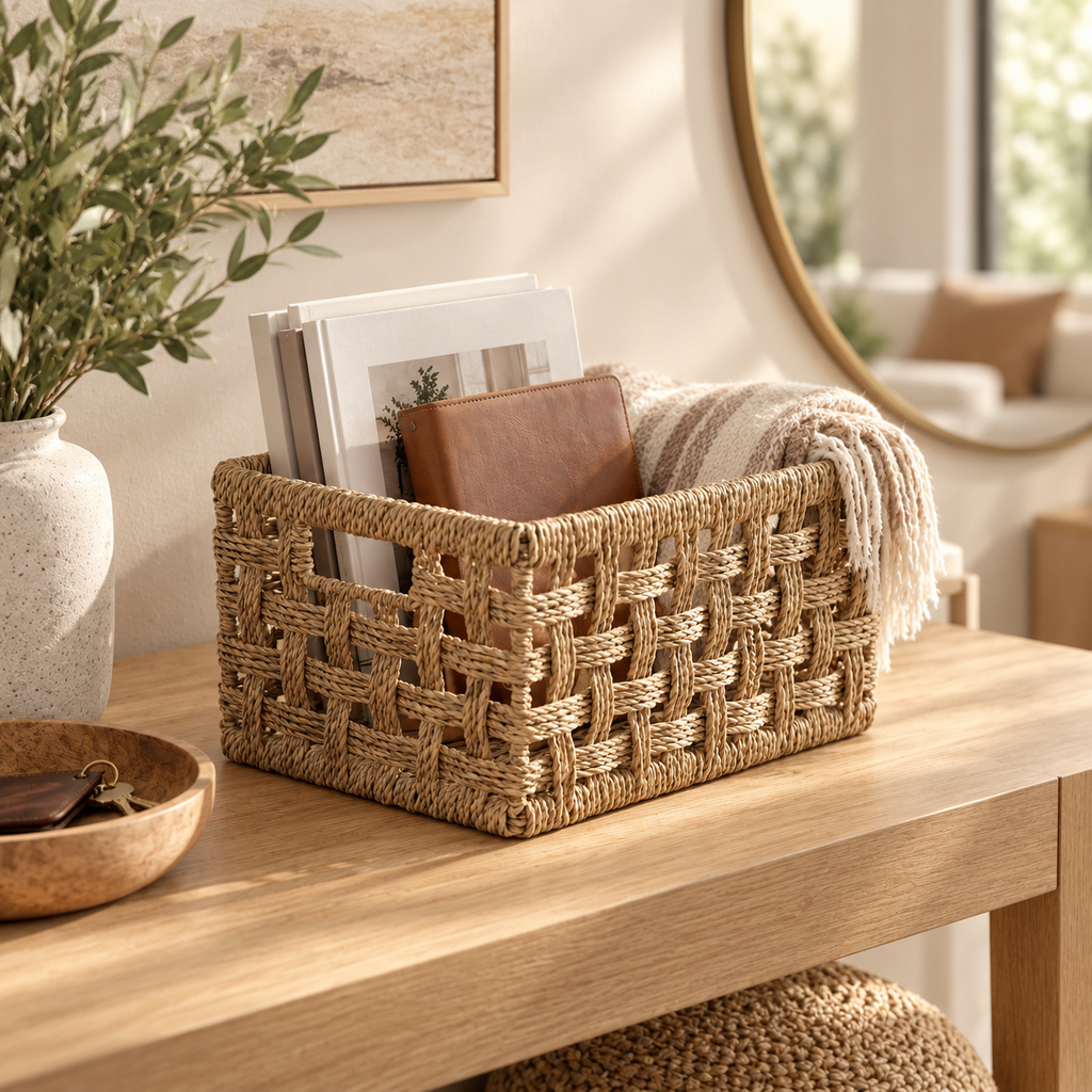 Rectangular Woven Storage Basket – Decorative Organizer Bin for Towels, Books, Shelves & Home Storage-cc-092003