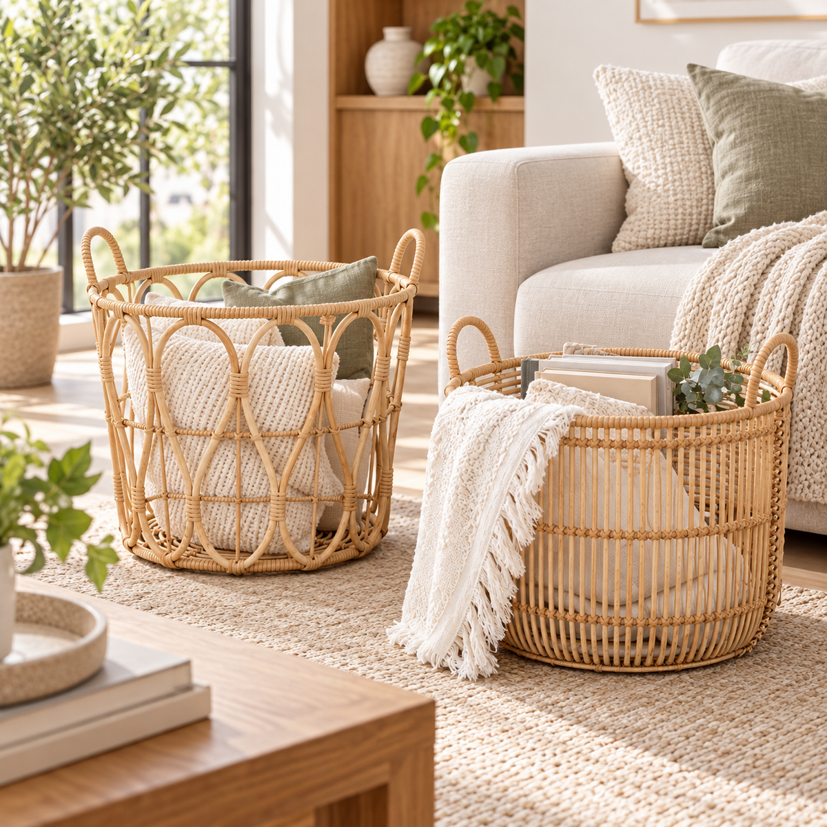 Woven Rattan Storage Basket with Handles – Large Laundry, Blanket & Toy Organizer-091601-cc