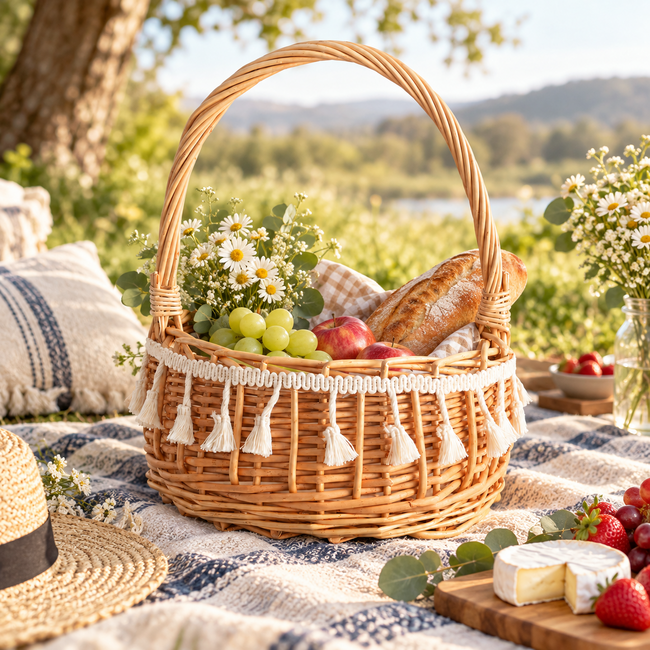 Handwoven Wicker Flower Basket with Tassel Trim & Single Handle, Round Woven Floral Arrangement Basket with Liner for Wedding, Gift & Home Decor -ZENG-091607 Hover Image