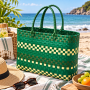 Green Woven Tote Bag with Woven Handles, Yellow Green Handwoven Wicker Beach Grocery Bag for Car Travel and Daily Carry -cc-091702