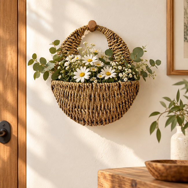 Woven Hanging Flower Basket – Decorative Wall Planter for Fence, Patio, Balcony & Home Decor-091623-cc Main Image