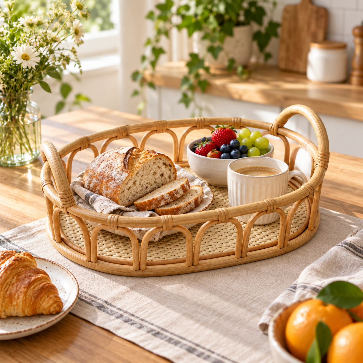 Oval Woven Rattan Serving Tray with Handles – Decorative Coffee Table & Home Organizer Basket-091615-cc