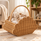 Woven Picnic Basket with Wave Trim & Handles, Handmade Wicker Basket for Baguette, Fruits & Outdoor Picnic, Farmhouse Summer Decor -ZENG-091709
