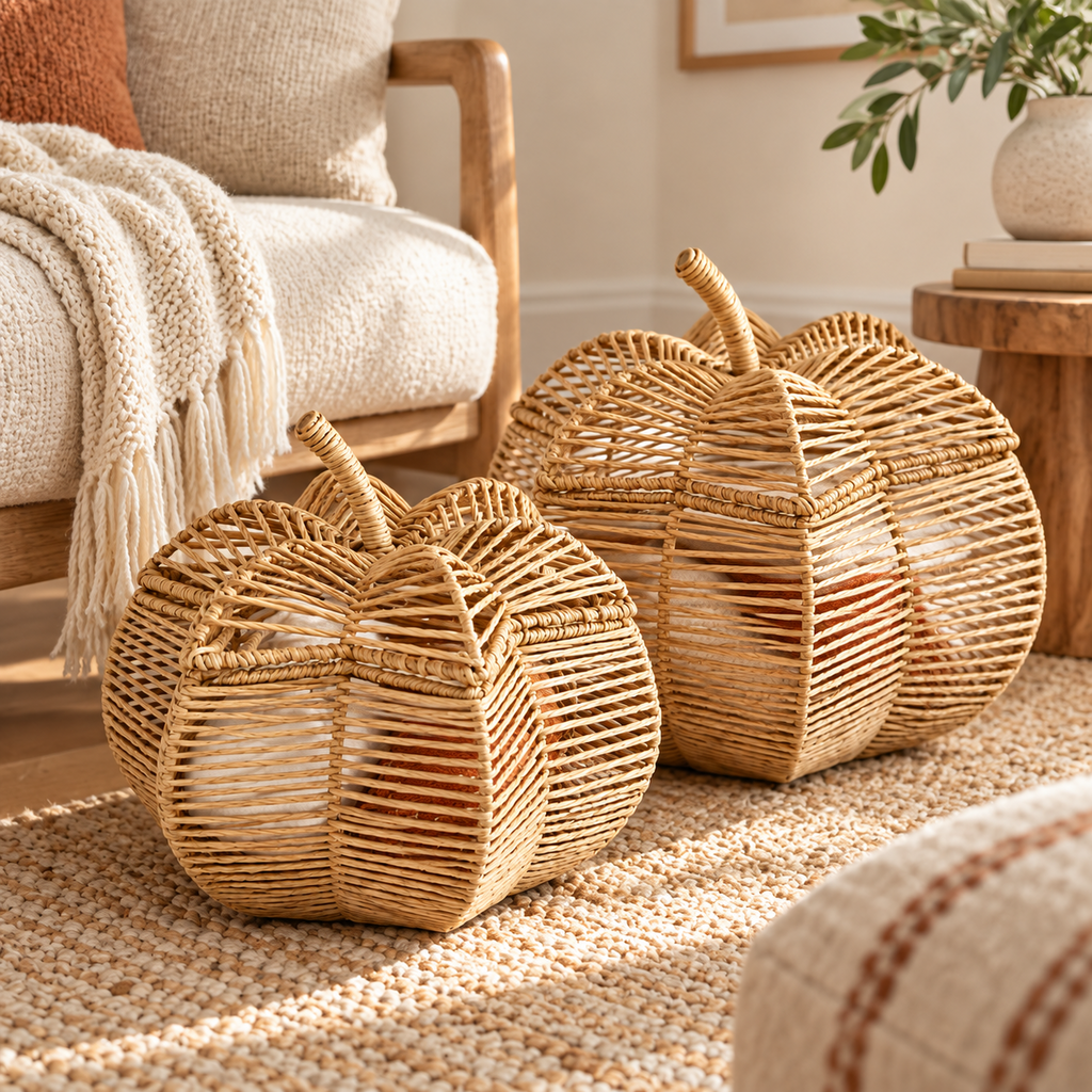 Wicker Pumpkin Shaped Storage Basket with Lid - Handwoven Rattan Fall Decor for Candy, Snacks & Gifts -ZENG-091801