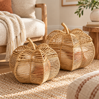 Wicker Pumpkin Shaped Storage Basket with Lid - Handwoven Rattan Fall Decor for Candy, Snacks & Gifts -ZENG-091801